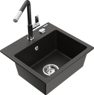 Mexen Milo chiuvetă de granit cu 1 cuvă și baterie de bucătărie Flora, negru/auriu metalic - 6505-75-670401-07