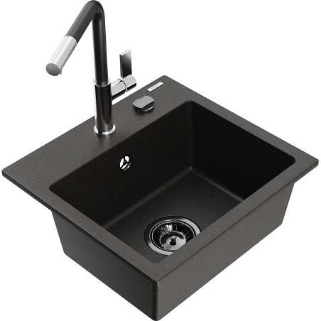 Mexen Milo chiuvetă de granit cu o cuvă cu baterie de bucătărie Flora, negru/auriu metalizat - 6505-75-670401-07-B