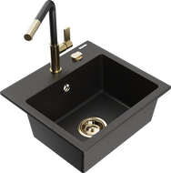 Mexen Milo chiuvetă de granit cu o cuvă și baterie de bucătărie Flora, negru/auriu metalizat - 6505-75-670401-57-G