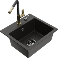 Mexen Milo chiuvetă de granit cu 1 compartiment și baterie de bucătărie Flora, negru/auriu metalizat - 6505-75-670401-57-B