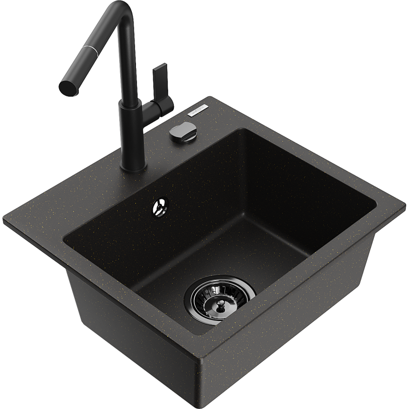 Mexen Milo chiuvetă de granit cu 1 compartiment cu baterie de bucătărie Flora, negru/auriu metalic - 6505-75-670401-70-B
