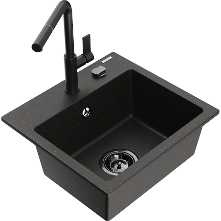 Mexen Milo chiuvetă de granit cu 1 compartiment cu baterie de bucătărie Flora, negru/auriu metalic - 6505-75-670401-70-B