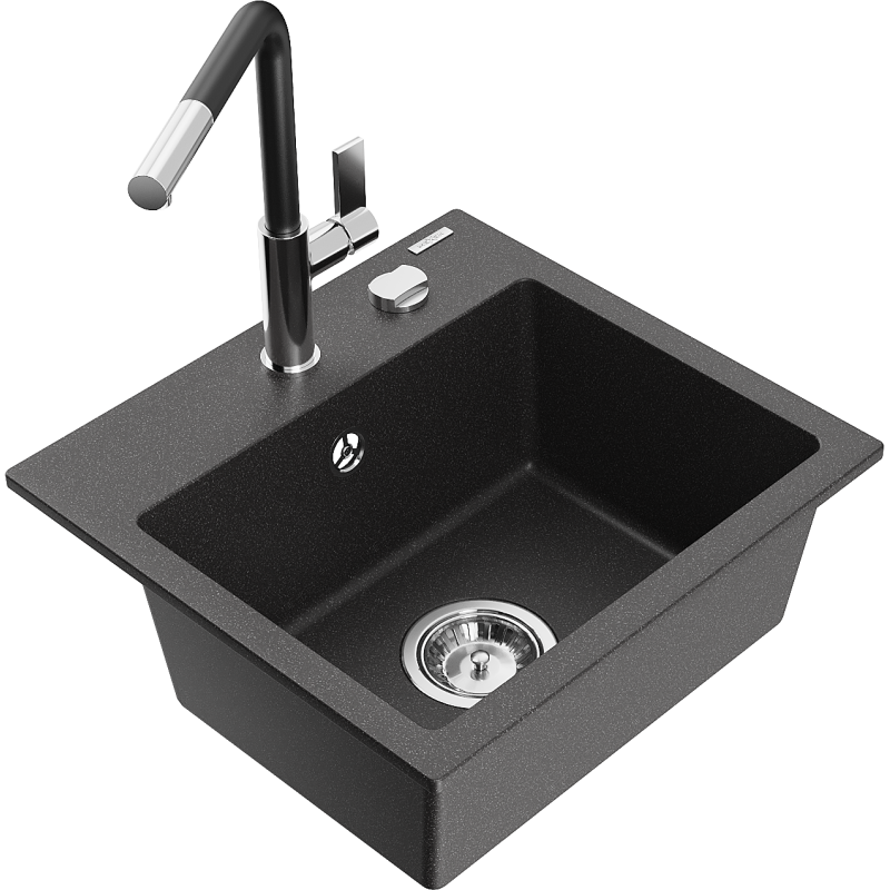 Mexen Milo chiuvetă de granit cu 1 compartiment cu baterie de bucătărie Flora, negru cu pete - 6505-76-670401-07