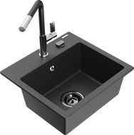 Mexen Milo chiuvetă de granit cu o singură cuvă și baterie de bucătărie Flora, negru pătat - 6505-76-670401-07-B