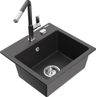 Mexen Milo chiuvetă de granit cu 1 compartiment și baterie de bucătărie Flora, negru/auriu metalic - 6505-76-670401-08
