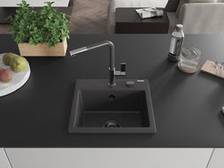 Mexen Milo chiuvetă de granit cu 1 cameră și baterie de bucătărie Flora, negru stropit - 6505-76-670401-08-B