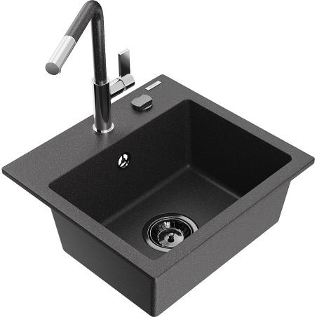 Mexen Milo chiuvetă de granit cu 1 cameră și baterie de bucătărie Flora, negru stropit - 6505-76-670401-08-B