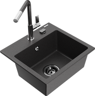 Mexen Milo chiuvetă de granit cu 1 cameră și baterie de bucătărie Flora, negru stropit - 6505-76-670401-08-B