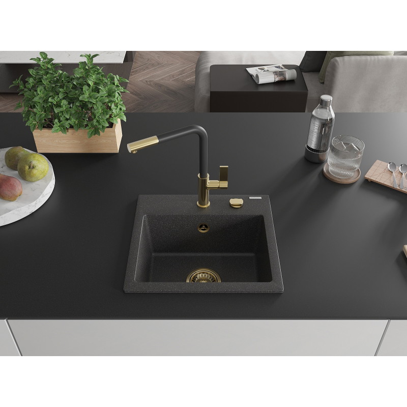 Mexen Milo chiuvetă de granit cu 1 compartiment cu baterie de bucătărie Flora, negru cu stropi - 6505-76-670401-57-G