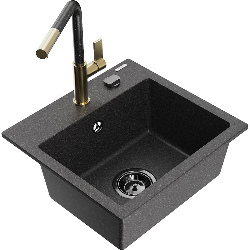 Mexen Milo chiuvetă de granit cu 1 compartiment cu baterie de bucătărie Flora, negru cu pete - 6505-76-670401-75-B
