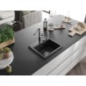 Mexen Milo chiuvetă de granit cu 1 compartiment cu baterie de bucătărie Flora, neagră - 6505-77-670401-00