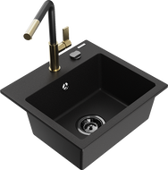 Mexen Milo chiuvetă de granit cu 1 cuvă și baterie de bucătărie Flora, negru - 6505-77-670401-57-B