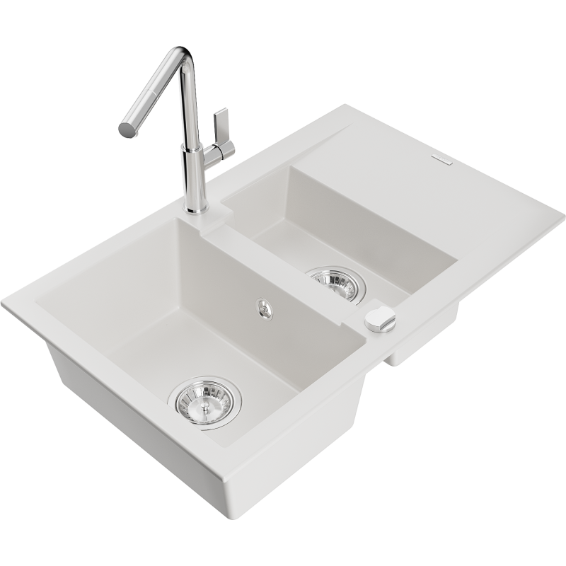 Mexen Gaspar chiuvetă de granit cu 1,5 cuve, cu scurgător și baterie de bucătărie Flora, albă - 6507-20-670401-00