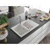 Mexen Gaspar chiuvetă de granit cu 1,5 compartimente cu scurgător și baterie de bucătărie Flora, albă - 6507-20-670401-06