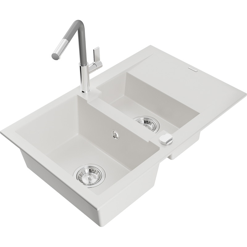 Mexen Gaspar chiuvetă de granit cu 1,5 compartimente cu scurgător și baterie de bucătărie Flora, albă - 6507-20-670401-06