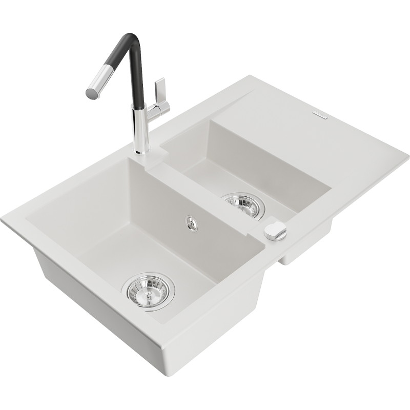 Mexen Gaspar chiuvetă din granit 1,5 camere cu picurător și baterie de bucătărie Flora, albă - 6507-20-670401-07