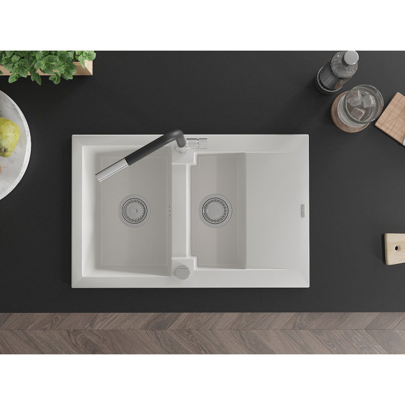 Mexen Gaspar chiuvetă din granit cu 1,5 compartimente și picurător și baterie de bucătărie Flora, alb - 6507-20-670401-07