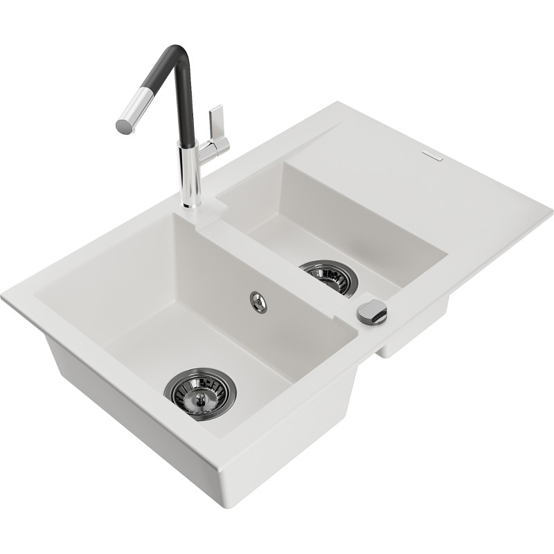 Mexen Gaspar chiuvetă de granit cu 1,5 cuve, cu scurgător și baterie de bucătărie Flora, albă - 6507-20-670401-07-B