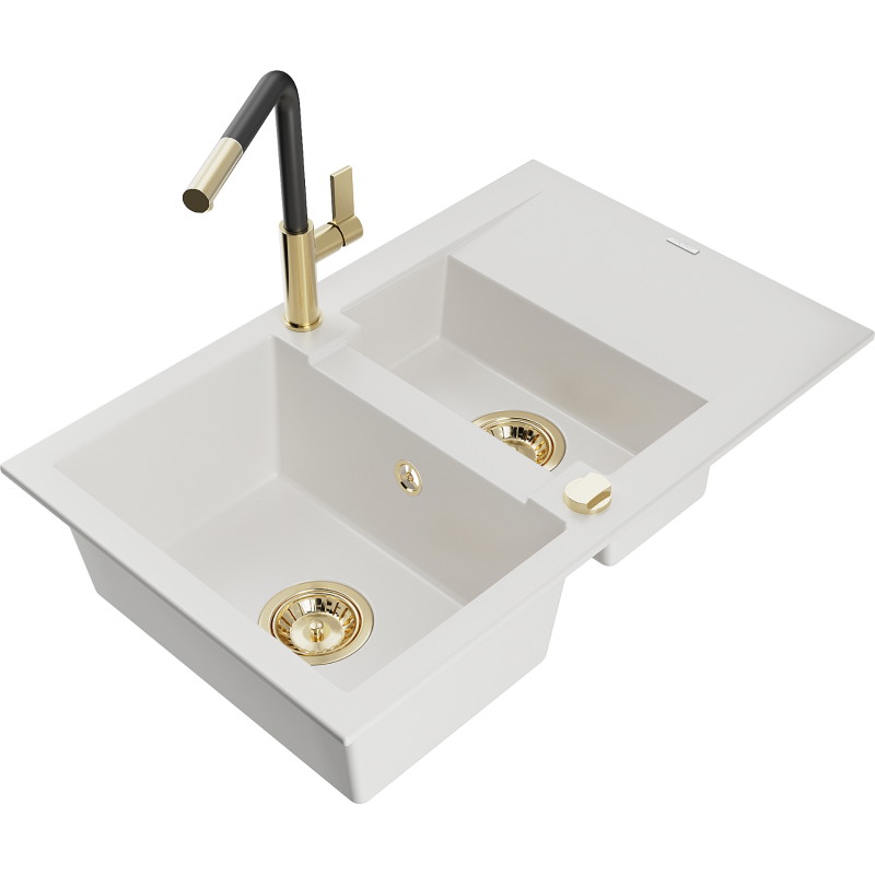 Mexen Gaspar chiuvetă granitică 1,5-camere cu scurgător și baterie de bucătărie Flora, alb - 6507-20-670401-57-G