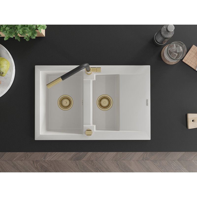 Mexen Gaspar gránit mosogató 1,5 rekeszes csepegtetővel és Flora konyhai csapteleppel, fehér - 6507-20-670401-57-G