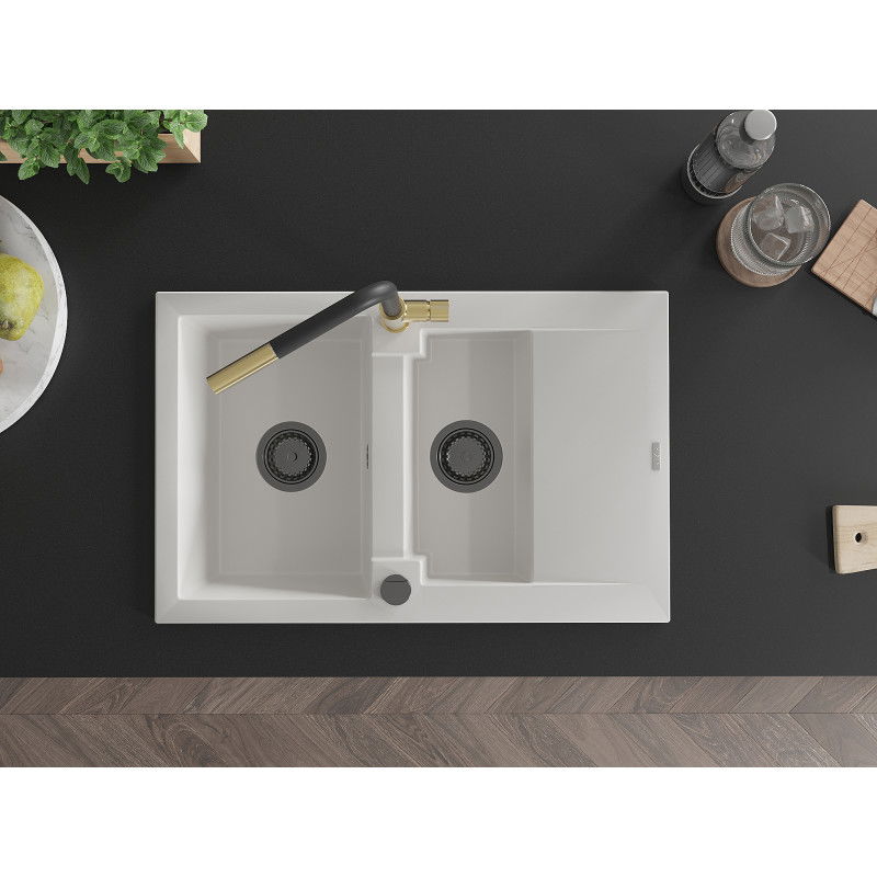 Mexen Gaspar gránit mosogató 1,5 medencével, csepegtető tálcával és Flora konyhai csappal, fehér - 6507-20-670401-57-B