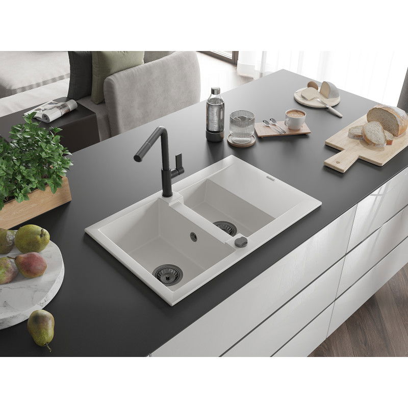 Mexen Gaspar chiuvetă de granit cu 1,5 camere cu scurgător și baterie de bucătărie Flora, alb - 6507-20-670401-70-B