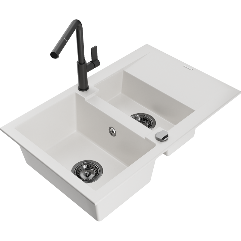 Mexen Gaspar chiuvetă de granit cu 1,5 camere cu scurgător și baterie de bucătărie Flora, alb - 6507-20-670401-70-B