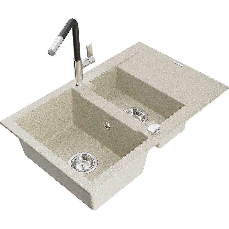 Mexen Gaspar chiuvetă de granit cu 1,5 cuve, cu scurgător și baterie de bucătărie Flora, bej - 6507-69-670401-07
