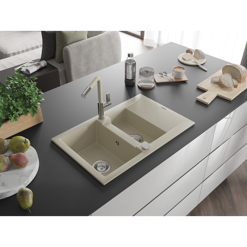 Mexen Gaspar chiuvetă de granit cu 1,5 cuve, cu scurgător și baterie de bucătărie Flora, bej - 6507-69-670401-09