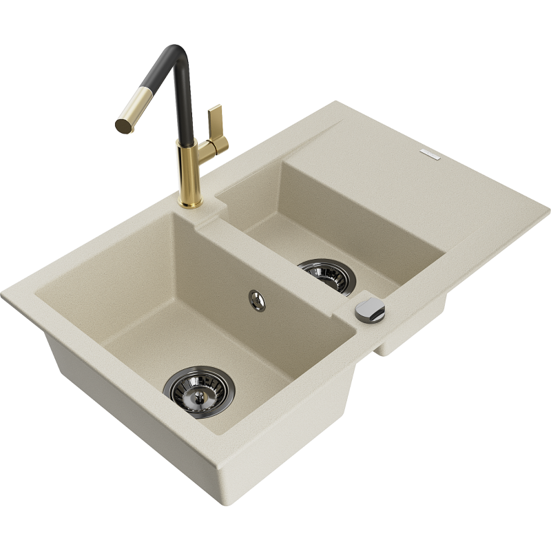 Mexen Gaspar chiuvetă granit 1,5-camere cu scurgător și baterie de bucătărie Flora, bej - 6507-69-670401-57-B