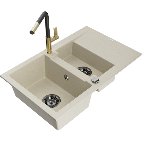 Mexen Gaspar chiuvetă granit 1,5-camere cu scurgător și baterie de bucătărie Flora, bej - 6507-69-670401-57-B