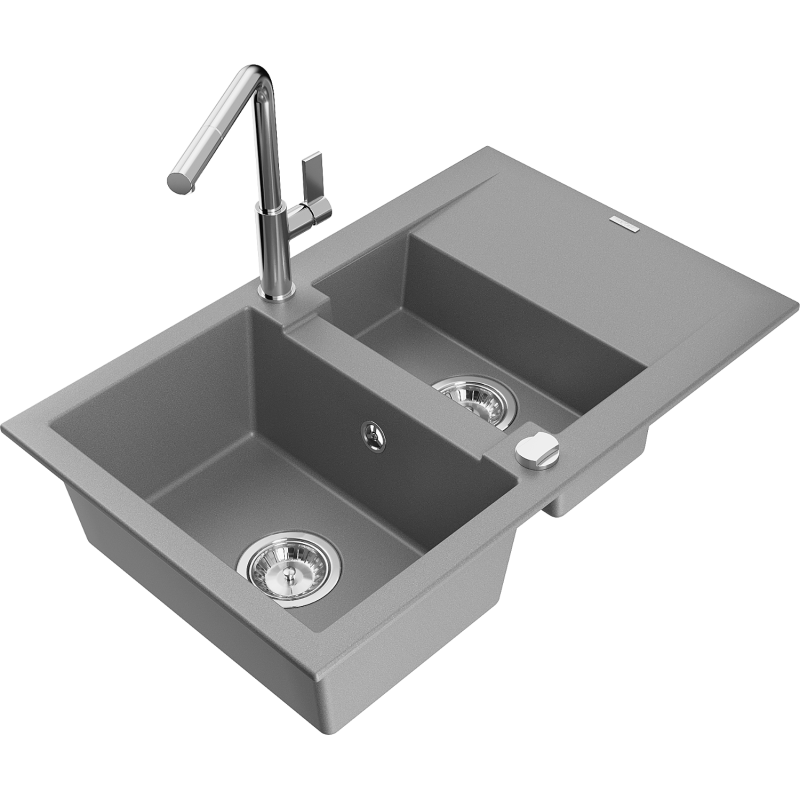 Mexen Gaspar chiuvetă de granit 1,5 camere cu scurgător și baterie de bucătărie Flora, gri - 6507-71-670401-00
