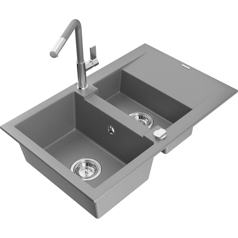 Mexen Gaspar chiuvetă de granit 1,5-compartiment cu scurgător și baterie de bucătărie Flora, gri - 6507-71-670401-06