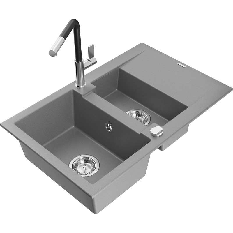 Mexen Gaspar chiuvetă granit 1,5-camere cu scurgător și baterie de bucătărie Flora, gri - 6507-71-670401-07