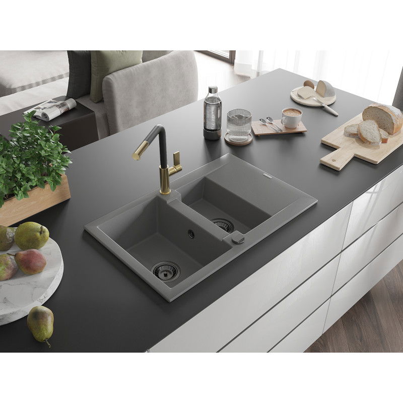 Mexen Gaspar chiuvetă de bucătărie din granit cu 1,5 compartimente, cu scurgere și baterie Flora, gri - 6507-71-670401-57-B