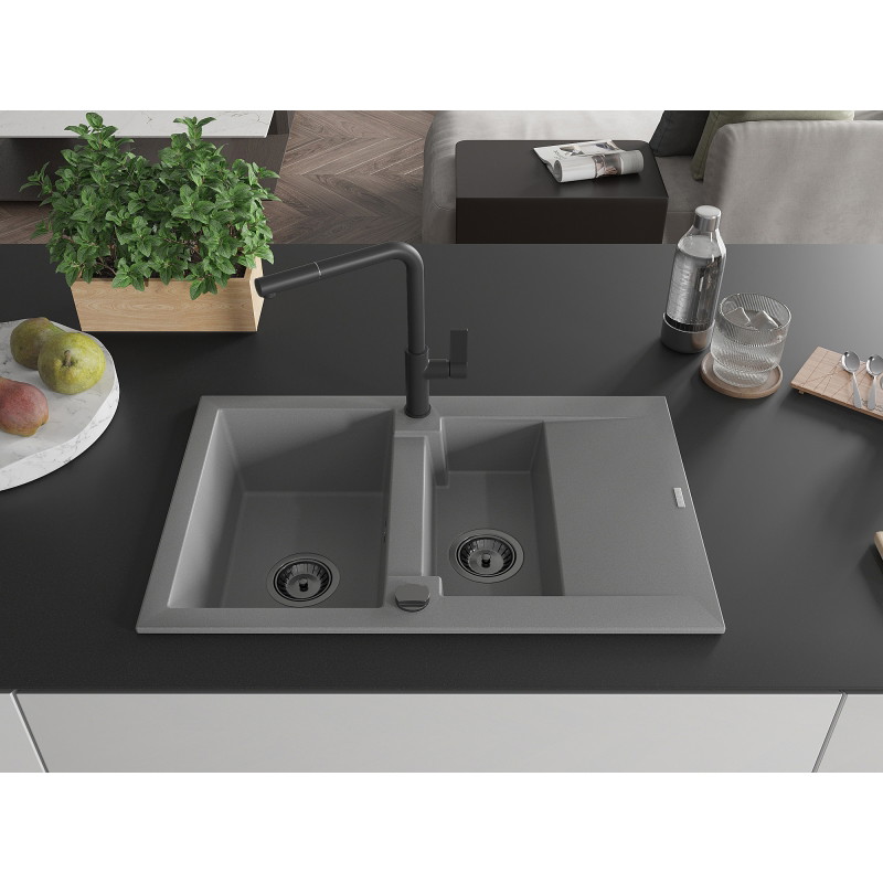 Mexen Gaspar chiuvetă de granit cu 1,5 compartimente cu scurgător și baterie de bucătărie Flora, gri - 6507-71-670401-70-B