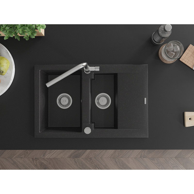 Mexen Gaspar chiuvetă de bucătărie din granit cu 1,5 compartimente cu scurgător și baterie Flora, negru/argintiu