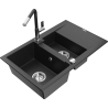 Mexen Gaspar chiuvetă din granit cu 1,5 compartimente cu scurgător și baterie de bucătărie Flora, negru/argintiu