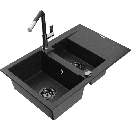 Mexen Gaspar gránit mosogató 1,5 medencés csepegtetővel és Flora konyhai csapteleppel, fekete/ezüst - 6507-73-670401-07-B