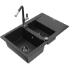 Mexen Gaspar gránit mosogató 1,5 medencés csepegtetővel és Flora konyhai csapteleppel, fekete/ezüst - 6507-73-670401-07-B