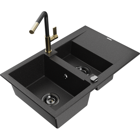 Mexen Gaspar gránit mosogató 1,5 rekeszes csepegtetővel és Flora konyhai csapteleppel, fekete/ezüst - 6507-73-670401-57-B