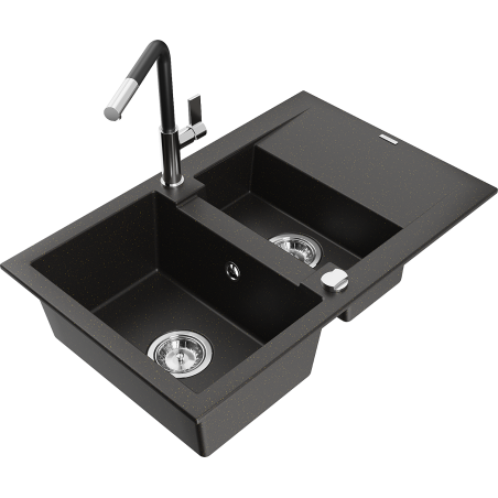 Mexen Gaspar chiuvetă de granit cu 1,5 compartimente, cu scurgător și baterie de bucătărie Flora, negru/auriu metalic