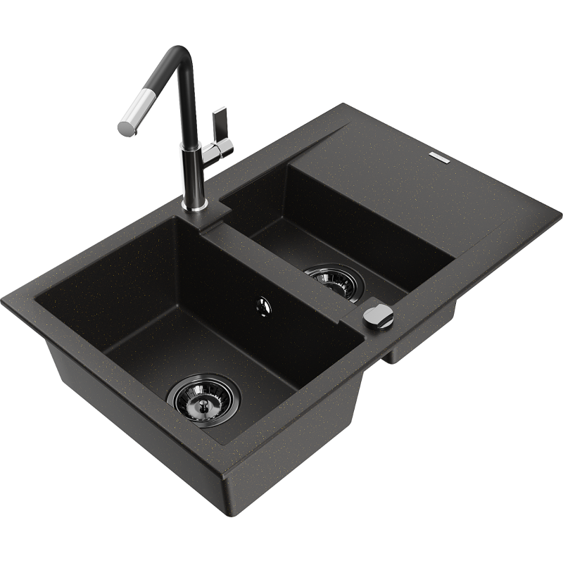 Mexen Gaspar gránit mosogató 1,5 rekeszes csepegtetővel és Flora konyhai csapteleppel, fekete/arany - 6507-75-670401-07-B