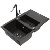Mexen Gaspar chiuvetă din granit cu 1,5 compartimente cu scurgător și baterie de bucătărie Flora, negru/auriu