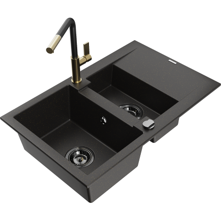 Mexen Gaspar chiuvetă din granit cu 1,5 compartimente cu scurgător și baterie de bucătărie Flora, negru/auriu