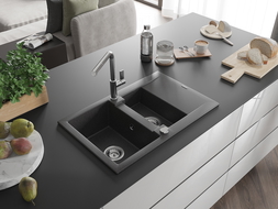 Mexen Gaspar chiuvetă granit 1,5-camere cu scurgător și baterie de bucătărie Flora, negru cu pete - 6507-76-670401-00