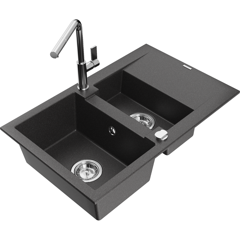 Mexen Gaspar chiuvetă granit 1,5-camere cu scurgător și baterie de bucătărie Flora, negru cu pete - 6507-76-670401-00
