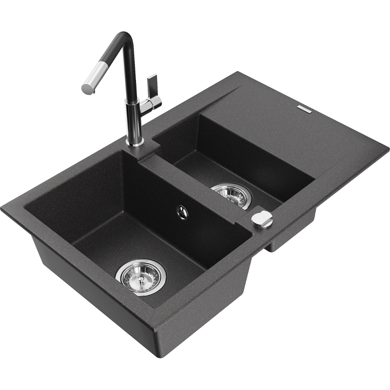 Mexen Gaspar chiuvetă din granit cu 1,5 compartimente și scurgător, cu baterie de bucătărie Flora, negru stropit