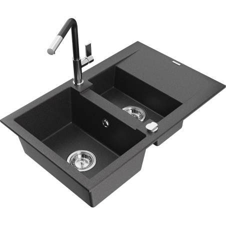 Mexen Gaspar chiuvetă din granit cu 1,5 compartimente și scurgător, cu baterie de bucătărie Flora, negru stropit
