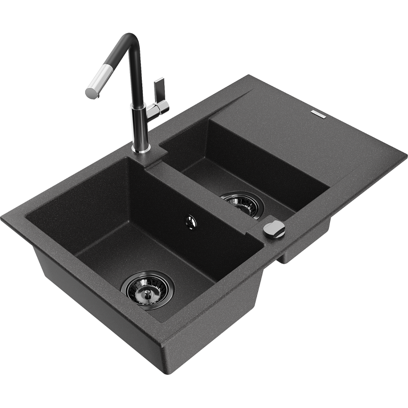 Mexen Gaspar chiuvetă granit 1,5 camere cu scurgător și baterie de bucătărie Flora, negru cu pete - 6507-76-670401-07-B